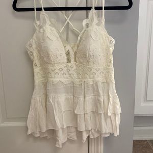 Cream tank, lace detail, criss-cross back, stretchy straps